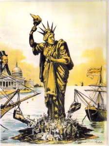 “Dumping European Garbage” (Judge magazine, 1890) was typical of the nativist cartoons ca. 1880-1920 that used the image of Lady Liberty to condemn immigration.